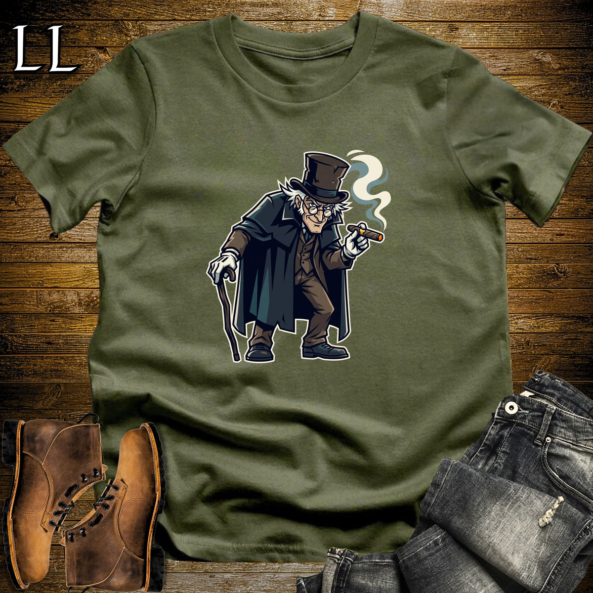 Victorian Gentleman Top Hat Cigar T-Shirt Military Green | Spooky Cigar Shirt