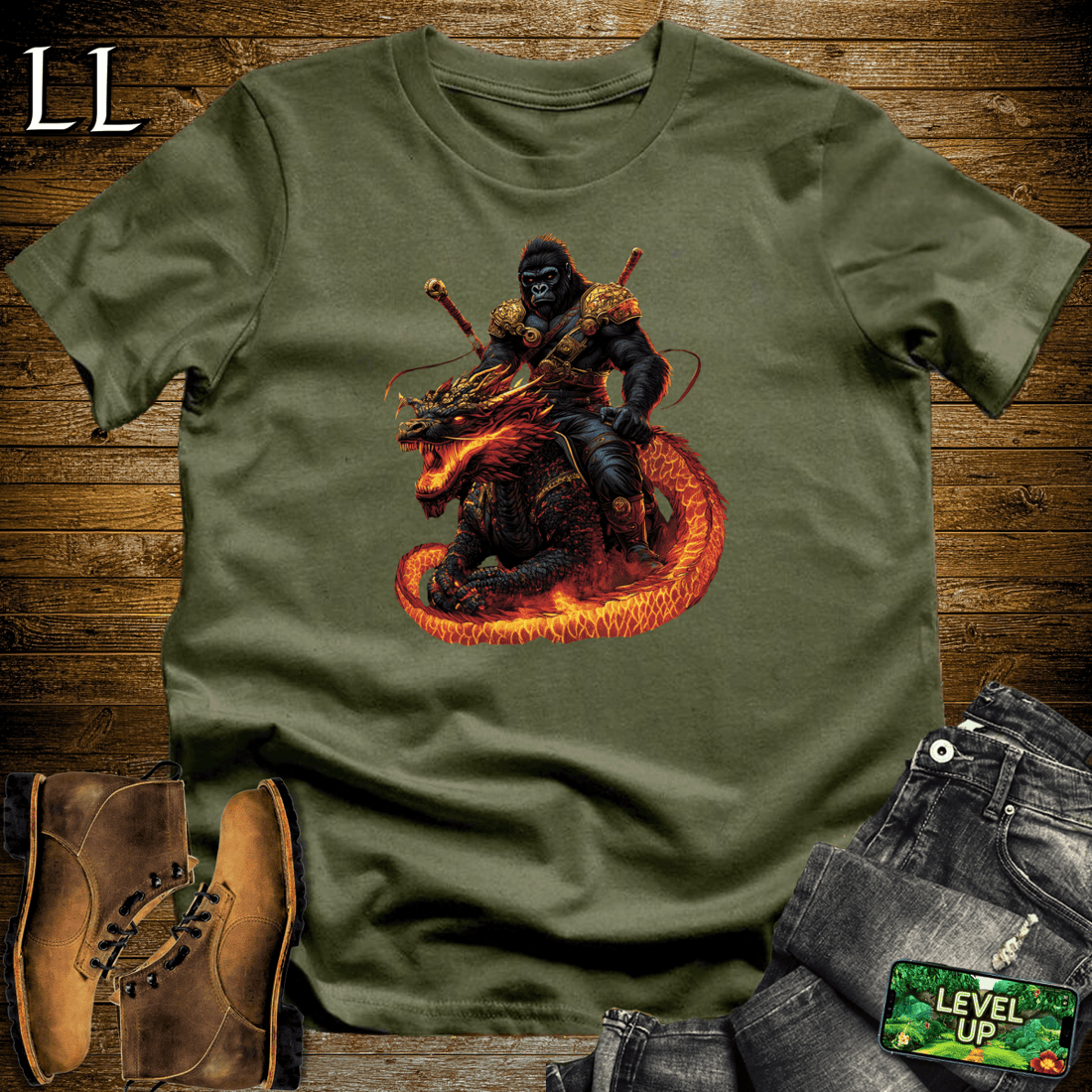 Dragon Rider Gorilla Softstyle Tee Military Green | Fantasy Graphic