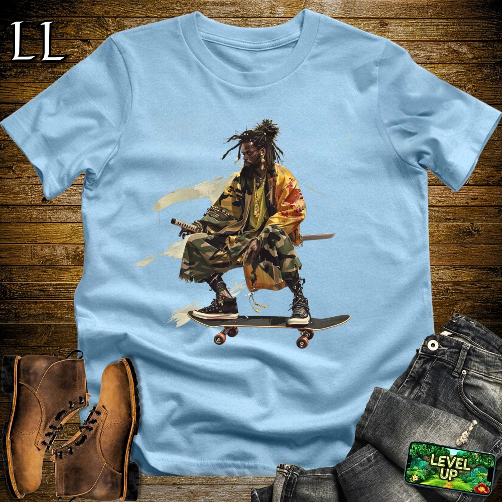 African DreadLocks Skateboard Samurai Light Blue | African Warrior Tee