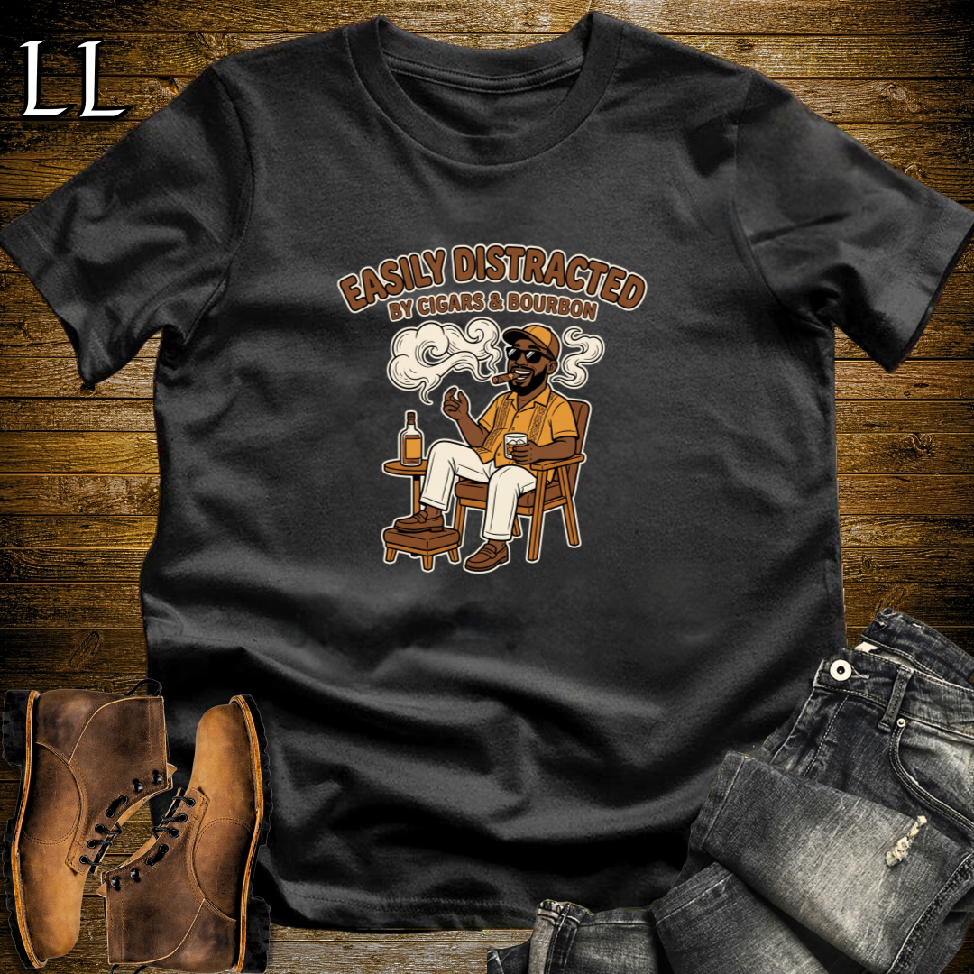 Easily Distracted by Cigars and Bourbon 1 T-Shirt Black | Cigar And Bourbon Tee