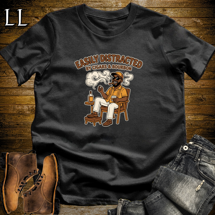 Easily Distracted by Cigars and Bourbon 1 T-Shirt Black | Cigar And Bourbon Tee