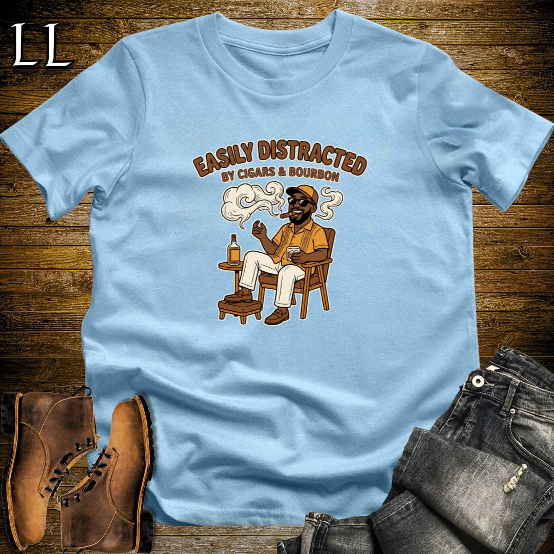 Easily Distracted by Cigars and Bourbon 1 T-Shirt Light Blue | Cigar And Bourbon Tee