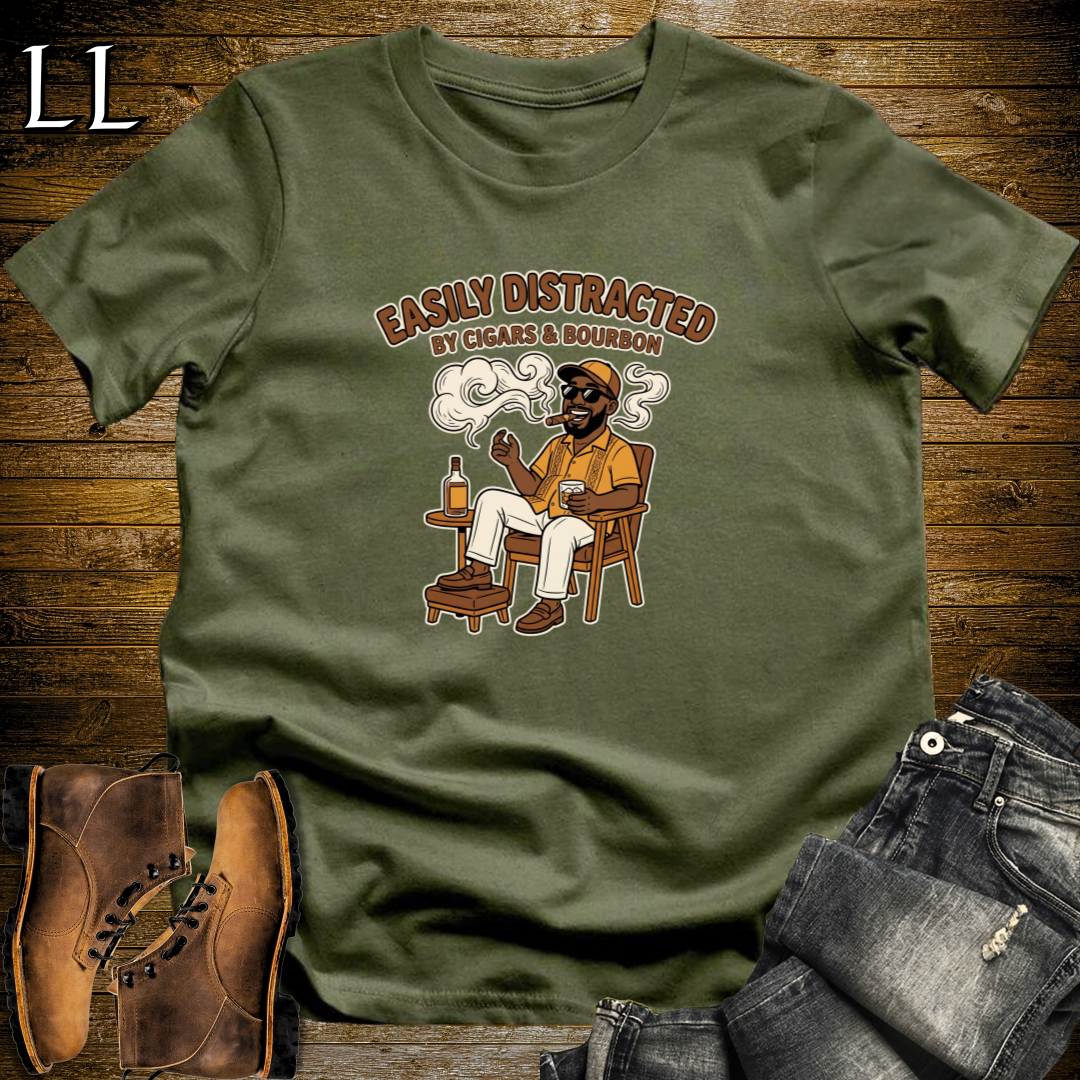 Easily Distracted by Cigars and Bourbon 1 T-Shirt Military Green | Cigar And Bourbon Tee
