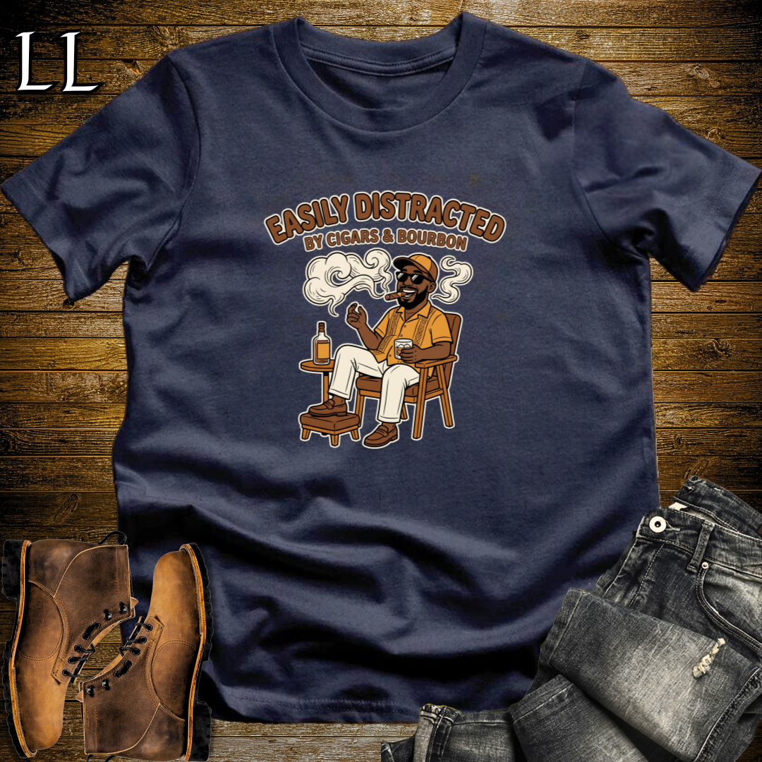 Easily Distracted by Cigars and Bourbon 1 T-Shirt Navy | Cigar And Bourbon Tee