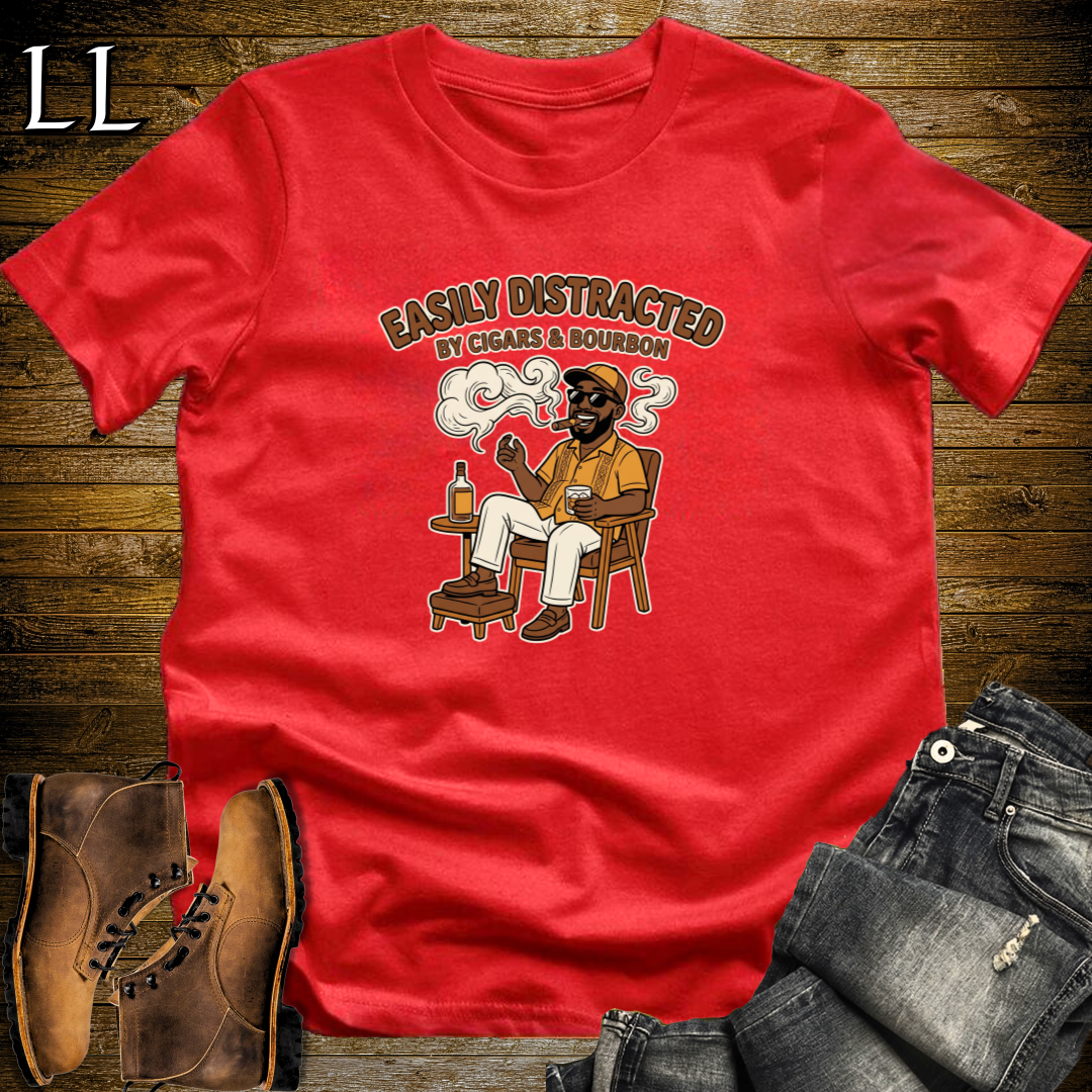 Easily Distracted by Cigars and Bourbon 1 T-Shirt Red | Cigar And Bourbon Tee