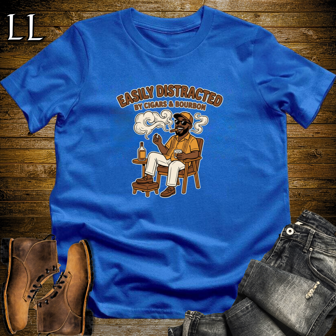 Easily Distracted by Cigars and Bourbon 1 T-Shirt Royal Blue | Cigar And Bourbon Tee