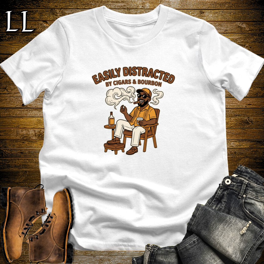 Easily Distracted by Cigars and Bourbon 1 T-Shirt White | Cigar And Bourbon Tee