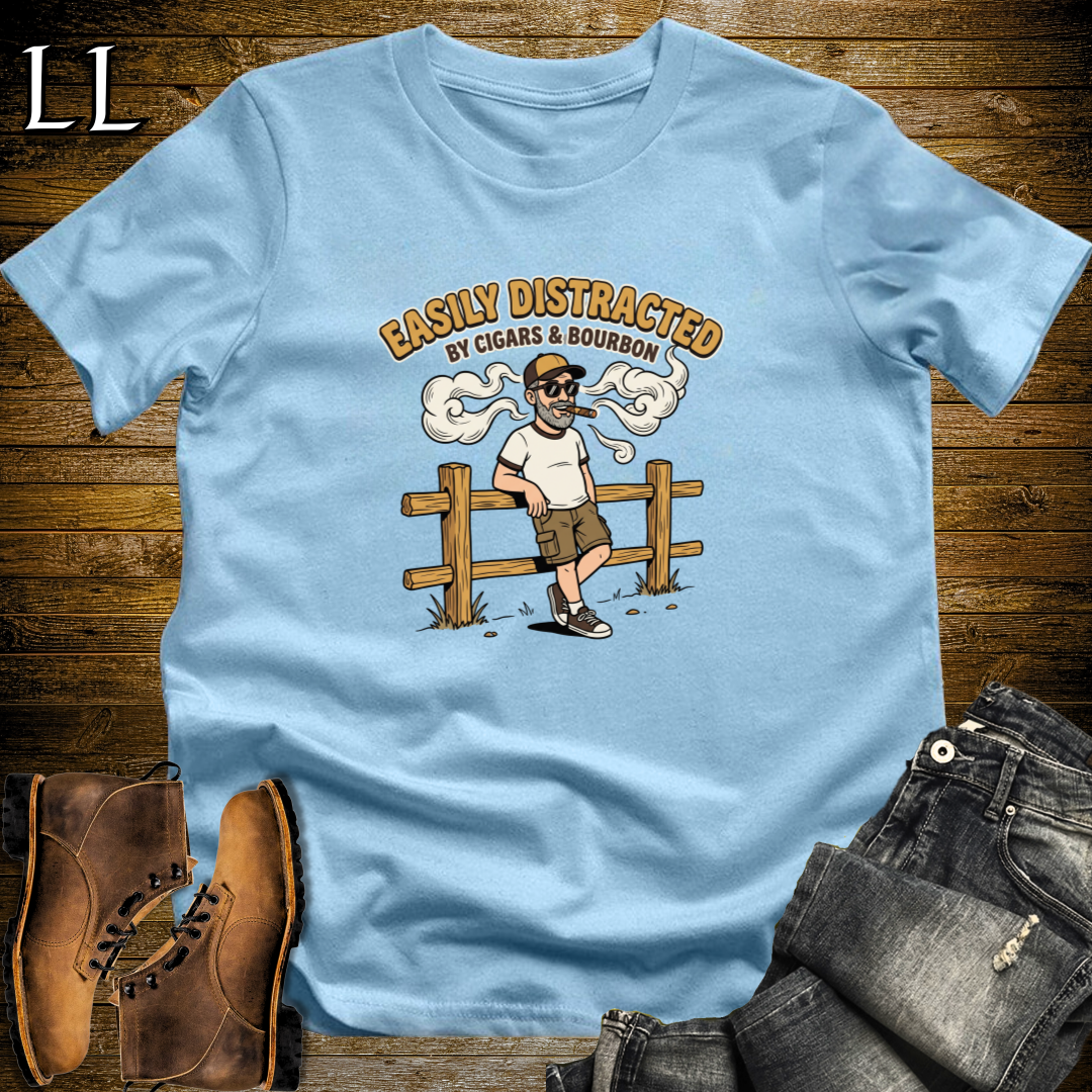 Easily Distracted by Cigars and Bourbon 2 T-Shirt Light Blue | Cigar And Bourbon Gift Tee