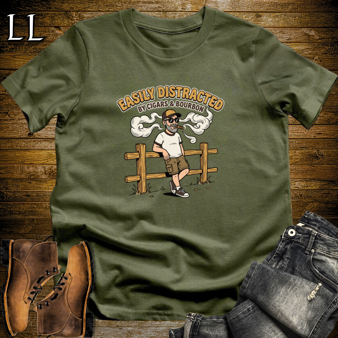 Easily Distracted by Cigars and Bourbon 2 T-Shirt Military Green | Cigar And Bourbon Gift Tee