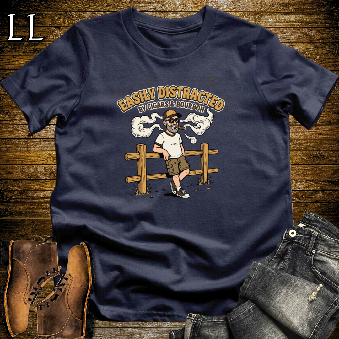 Easily Distracted by Cigars and Bourbon 2 T-Shirt Navy | Cigar And Bourbon Gift Tee