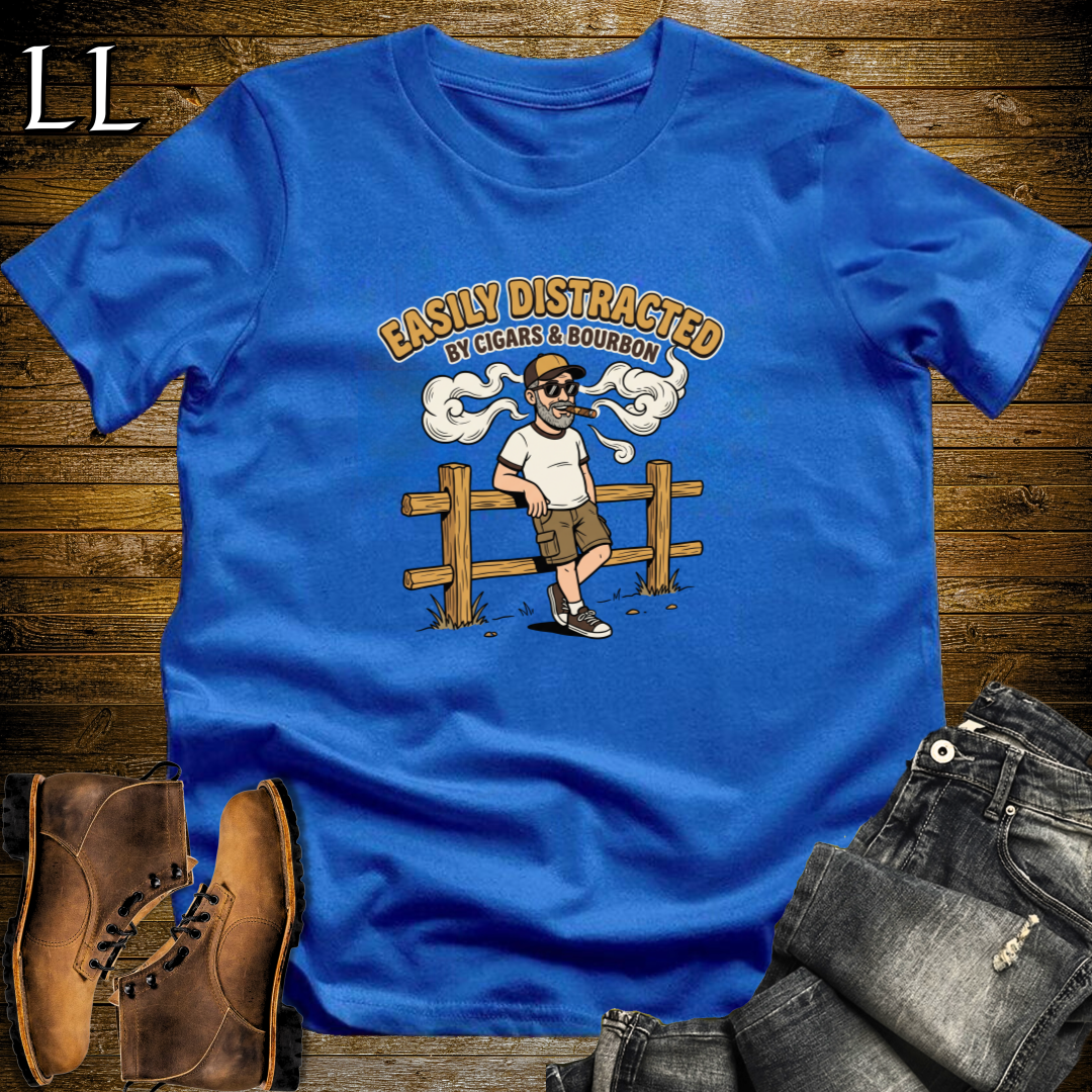 Easily Distracted by Cigars and Bourbon 2 T-Shirt Royal Blue | Cigar And Bourbon Gift Tee