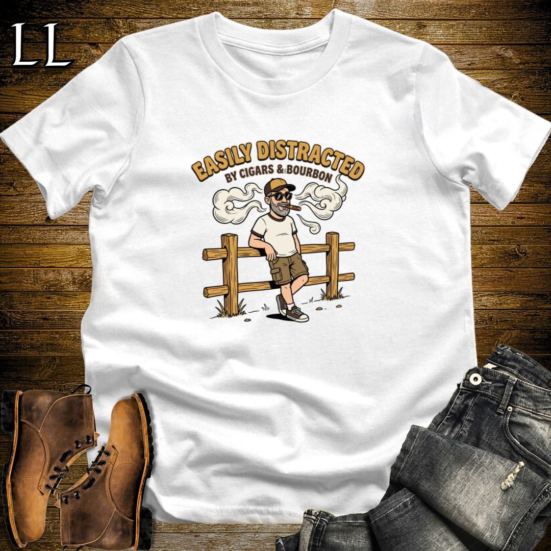 Easily Distracted by Cigars and Bourbon 2 T-Shirt White | Cigar And Bourbon Gift Tee