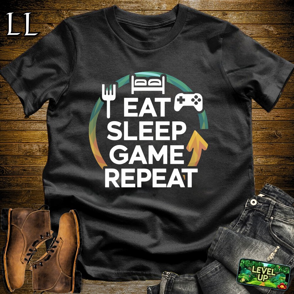 Eat Sleep Game Repeat Softstyle Tee - Black - LegacyLayers