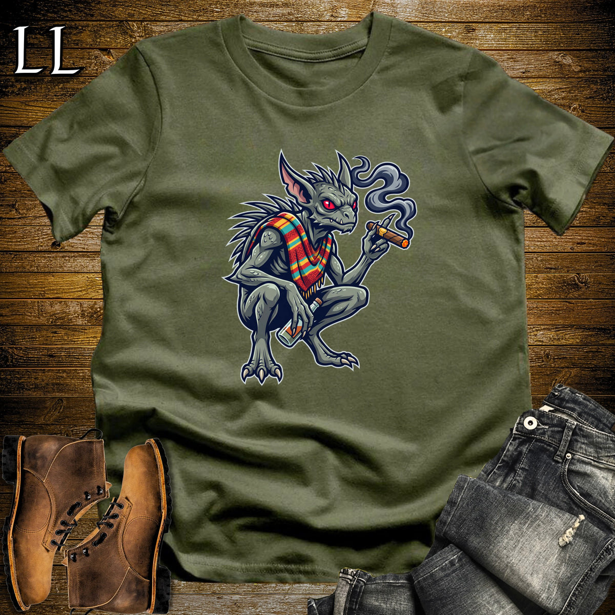 El Chupacabra Mezcal Cigar T-Shirt Military Green | Mezcal Cryptid Cigar Tee