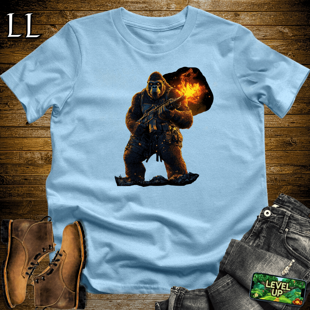 Fire Gun Gorilla Light Blue | Hot Shirt