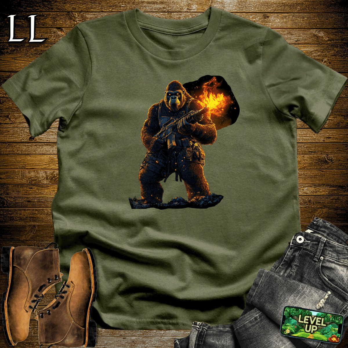 Fire Gun Gorilla Softstyle Tee - Military Green - LegacyLayers