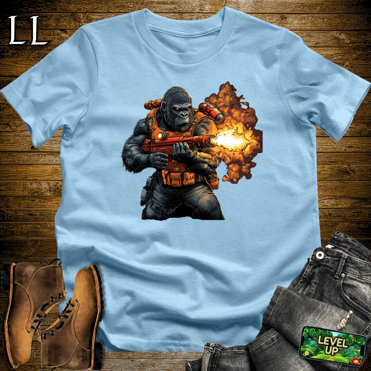 Flamethrower Gorilla Softstyle Tee Light Blue | Fire Shirt