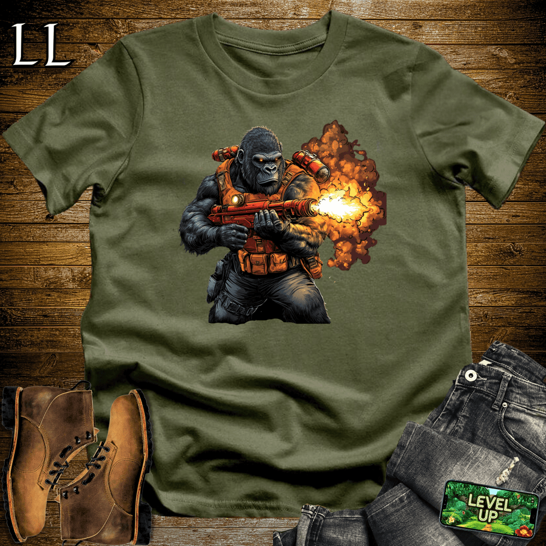 Flamethrower Gorilla Softstyle Tee Military Green | Fire Shirt