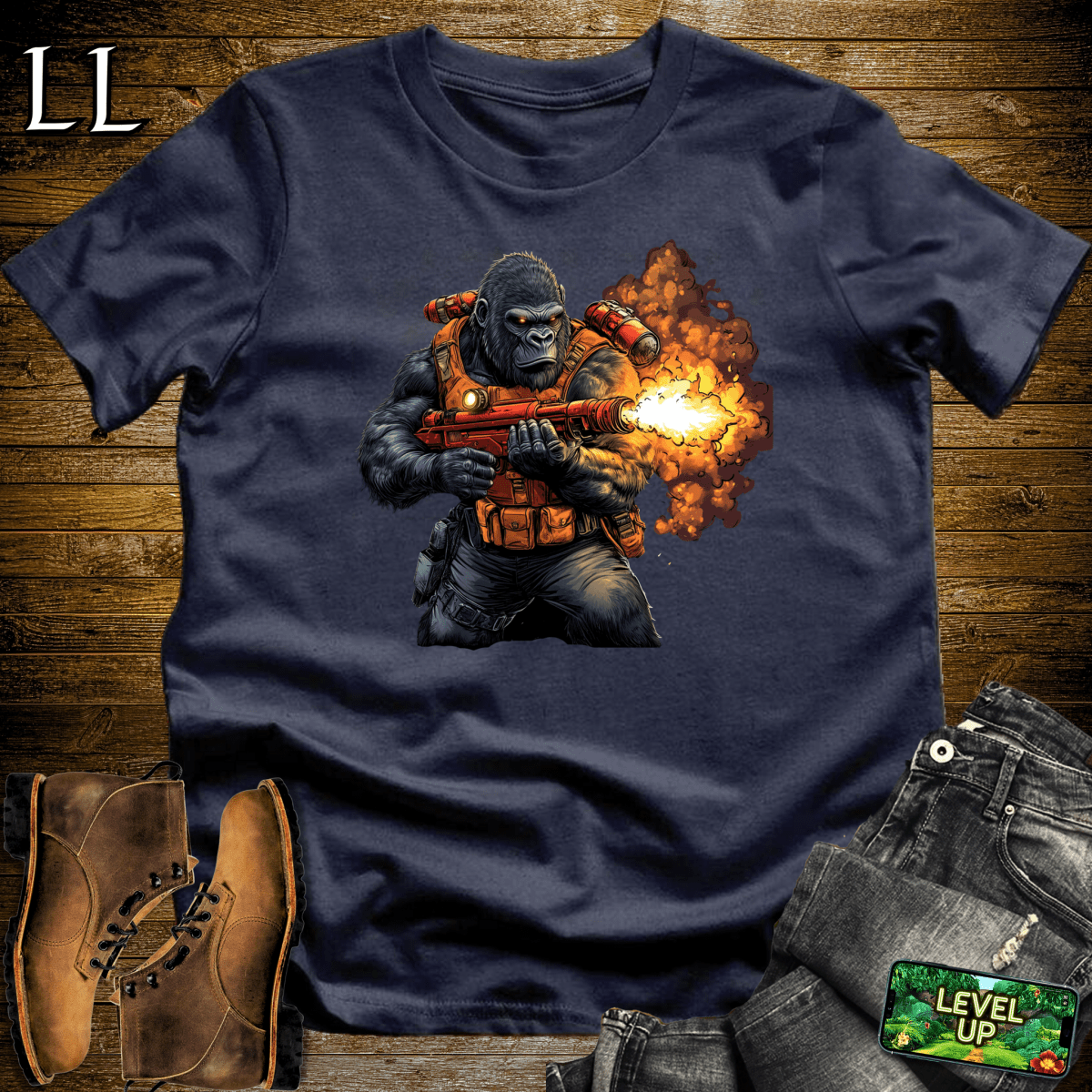 Flamethrower Gorilla Softstyle Tee Navy | Fire Shirt