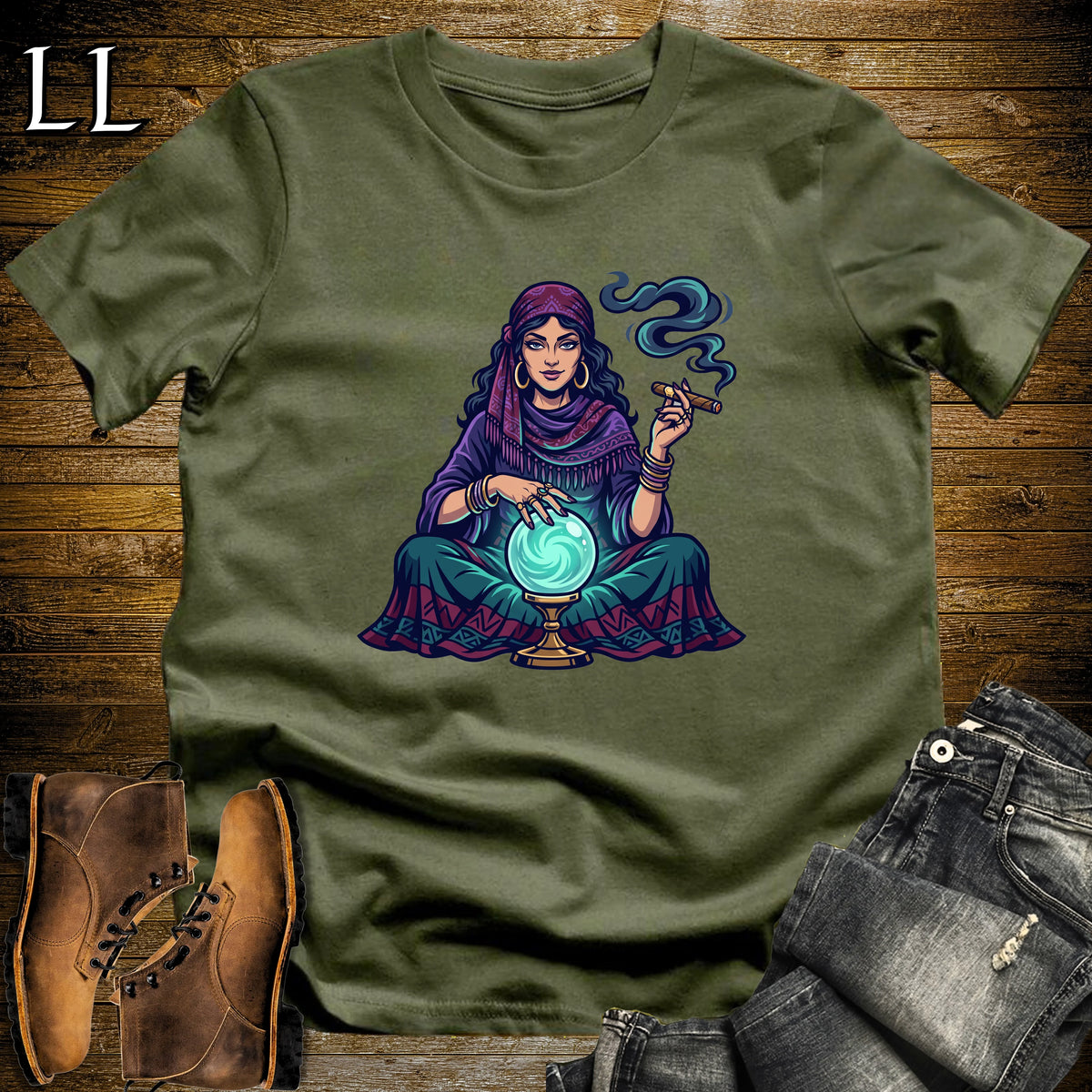 Fortune Teller Crystal Ball Cigar T-Shirt Military Green | Halloween Cigar Shirt