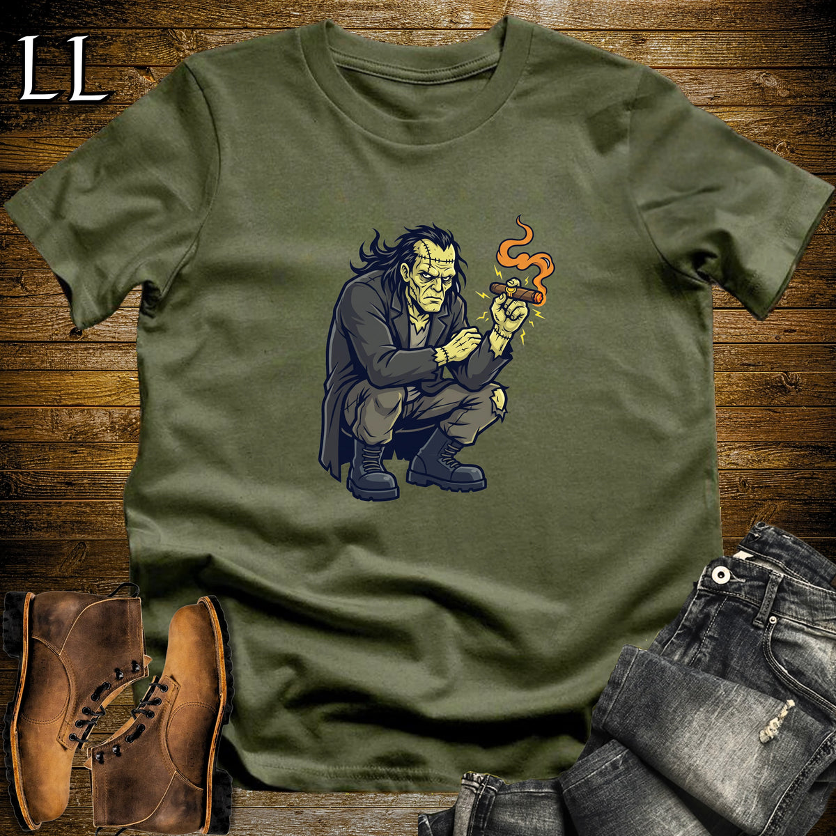 Frankenstein's Creature Cigar T-Shirt Military Green | Halloween Cigar Shirt