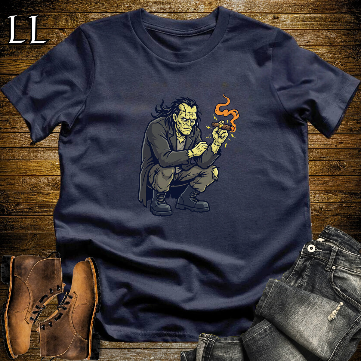Frankenstein's Creature Cigar T-Shirt Navy | Halloween Cigar Shirt
