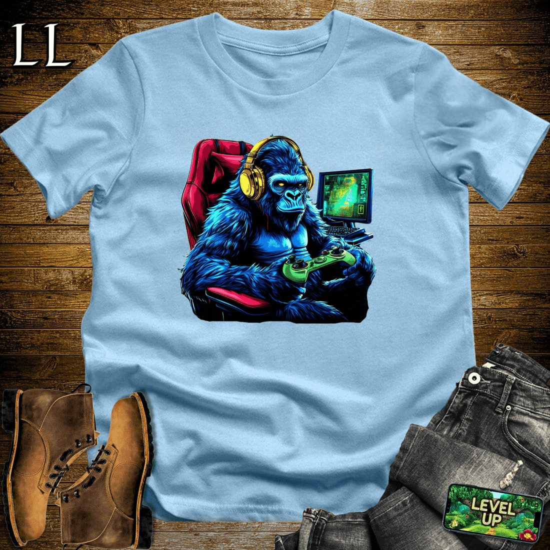 Gaming Gorilla Softstyle Tee Light Blue | Gamer Shirt