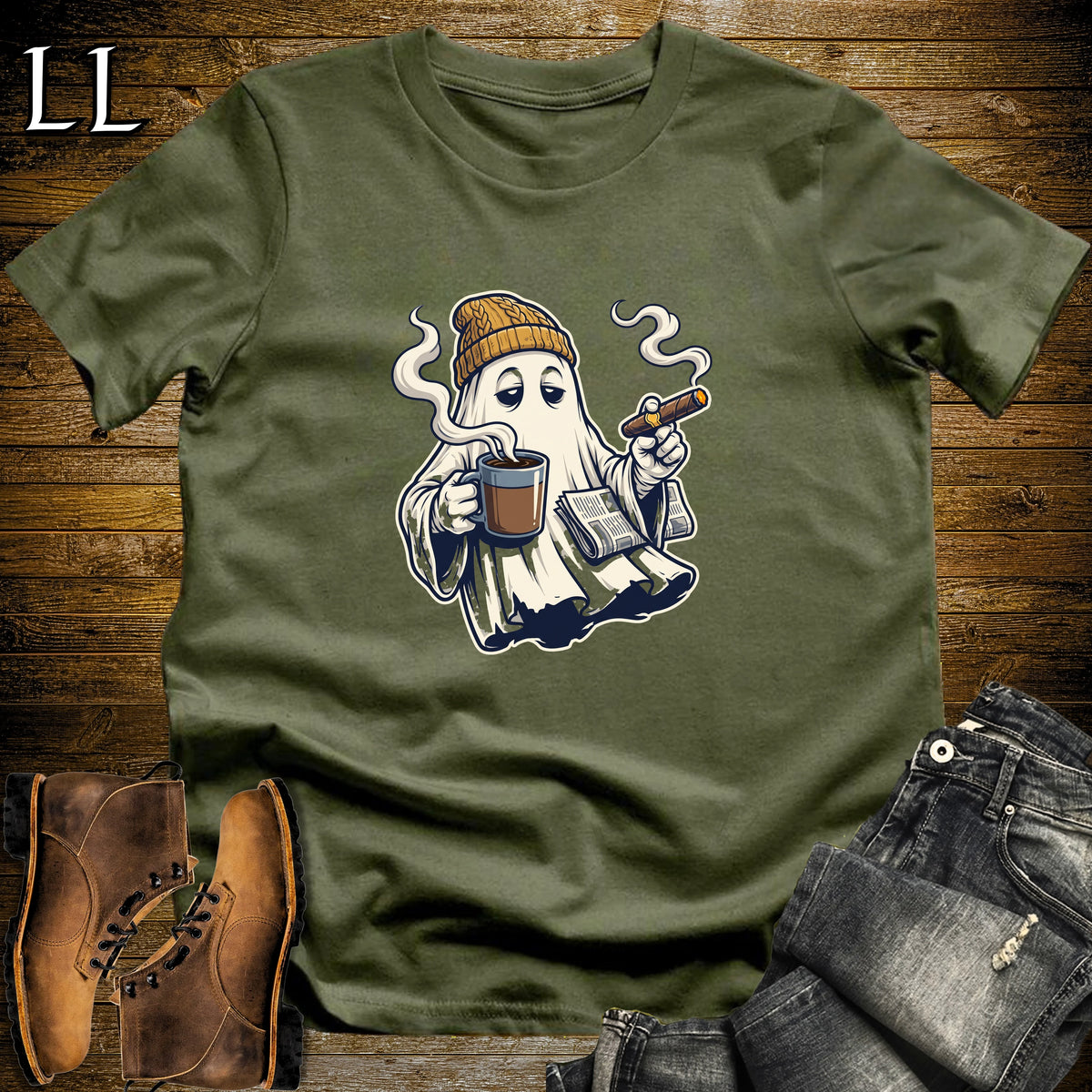 Ghost Morning Coffee Cigar T-Shirt Military Green | Cigar and Coffee Shirt