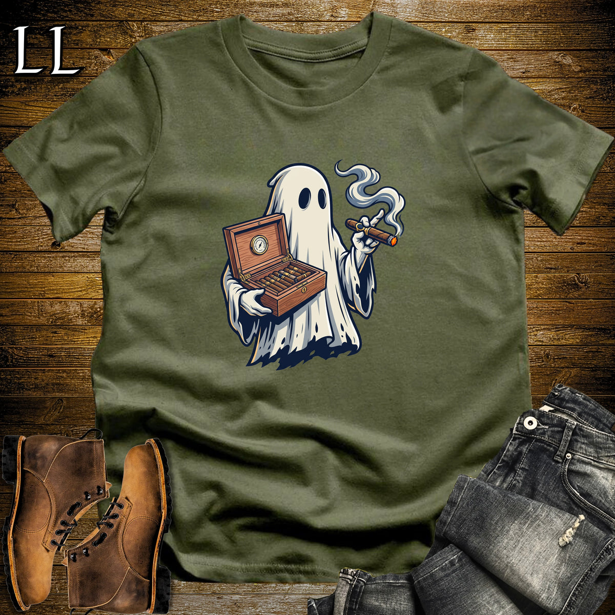 Ghost of the Humidor Cigar T-Shirt Military Green | Halloween Cigar Shirt