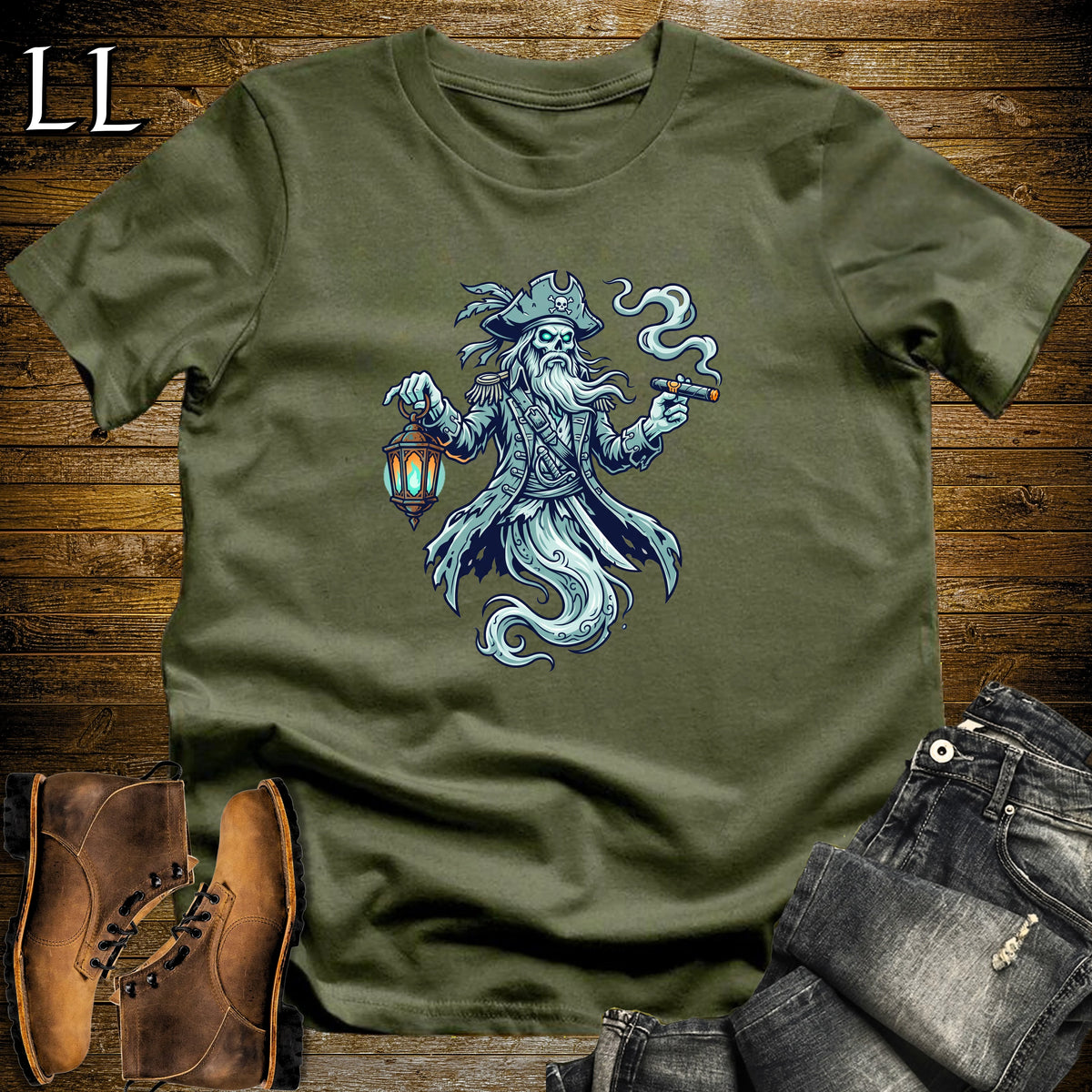Ghost Pirate Captain Cigar T-Shirt Military Green | Halloween Cigar Shirt