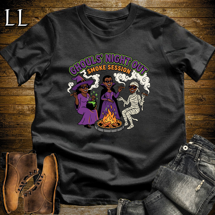 Ghouls' Night Out Lady Ghouls Fire Pit Cigar Black Woman T-Shirt Black | Halloween Cigar Tee for Her