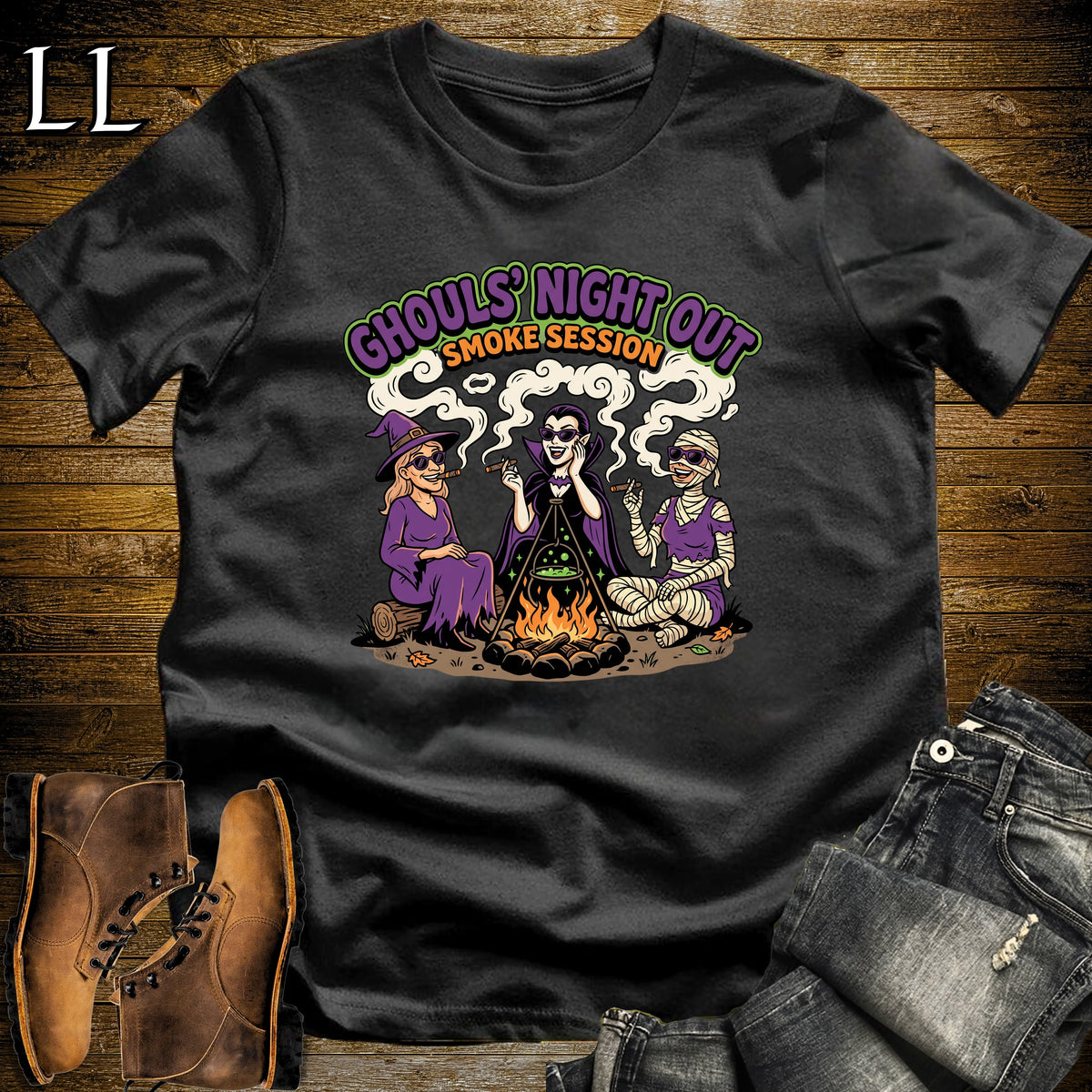Ghouls' Night Out Lady Ghouls Fire Pit Cigar White Woman T-Shirt Black | Halloween Cigar Tee for Her