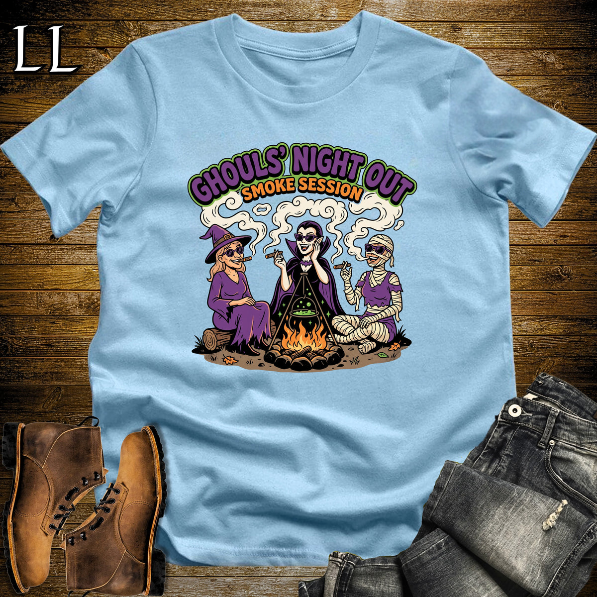 Ghouls' Night Out Lady Ghouls Fire Pit Cigar White Woman T-Shirt Light Blue | Halloween Cigar Tee for Her