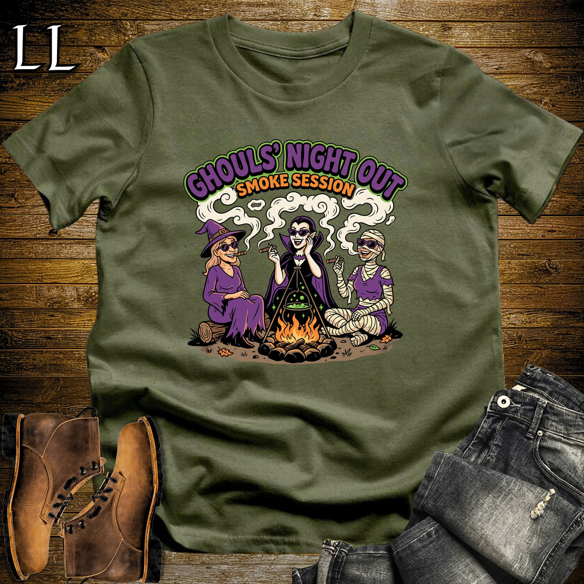 Ghouls' Night Out Lady Ghouls Fire Pit Cigar White Woman T-Shirt Military Green | Halloween Cigar Tee for Her