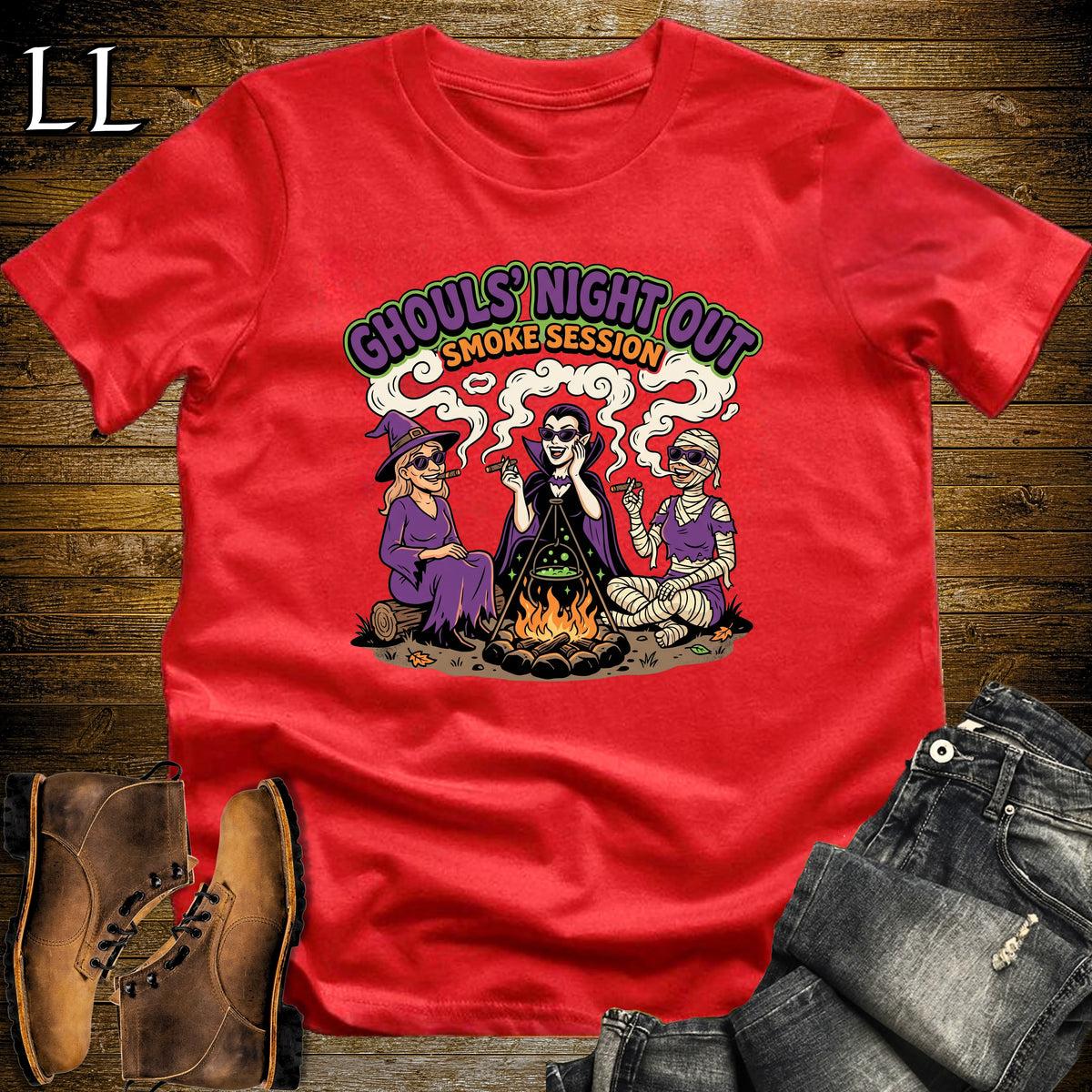Ghouls' Night Out Lady Ghouls Fire Pit Cigar White Woman T-Shirt | Halloween Cigar Tee for Her