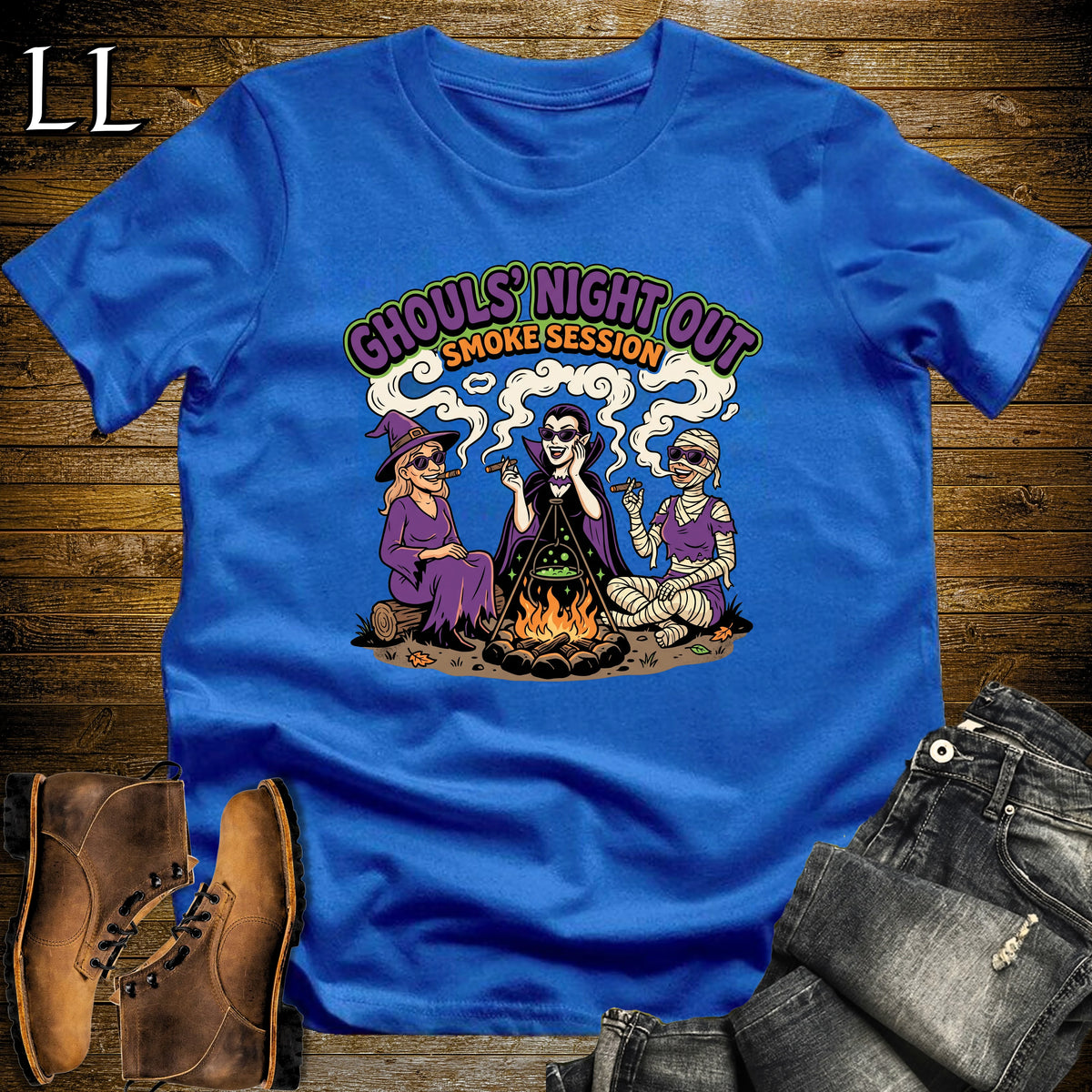 Ghouls' Night Out Lady Ghouls Fire Pit Cigar White Woman T-Shirt Royal | Halloween Cigar Tee for Her