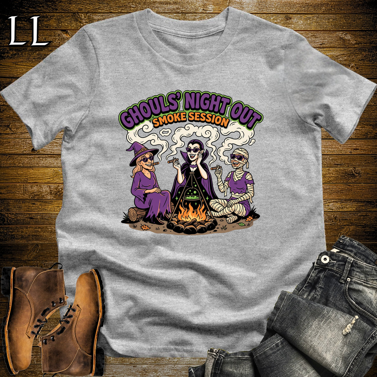 Ghouls' Night Out Lady Ghouls Fire Pit Cigar White Woman T-Shirt Sport Grey | Halloween Cigar Tee for Her