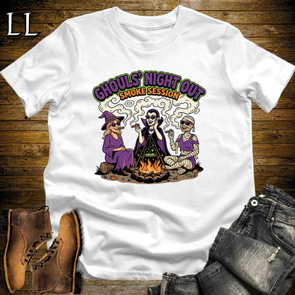 Ghouls' Night Out Lady Ghouls Fire Pit Cigar White Woman T-Shirt | Halloween Cigar Tee for Her