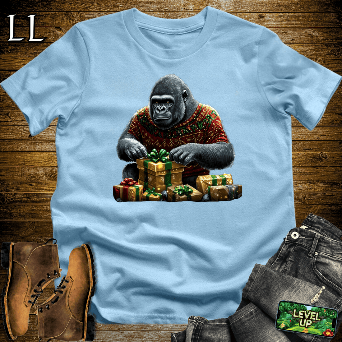 Gift Wrap Gorilla Light Blue | Holiday Gift Shirt