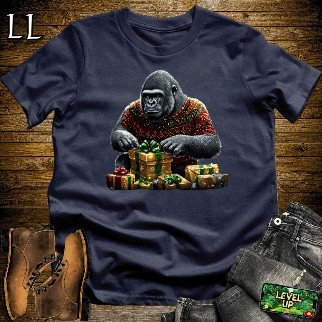 Gift Wrap Gorilla Navy | Holiday Gift Shirt