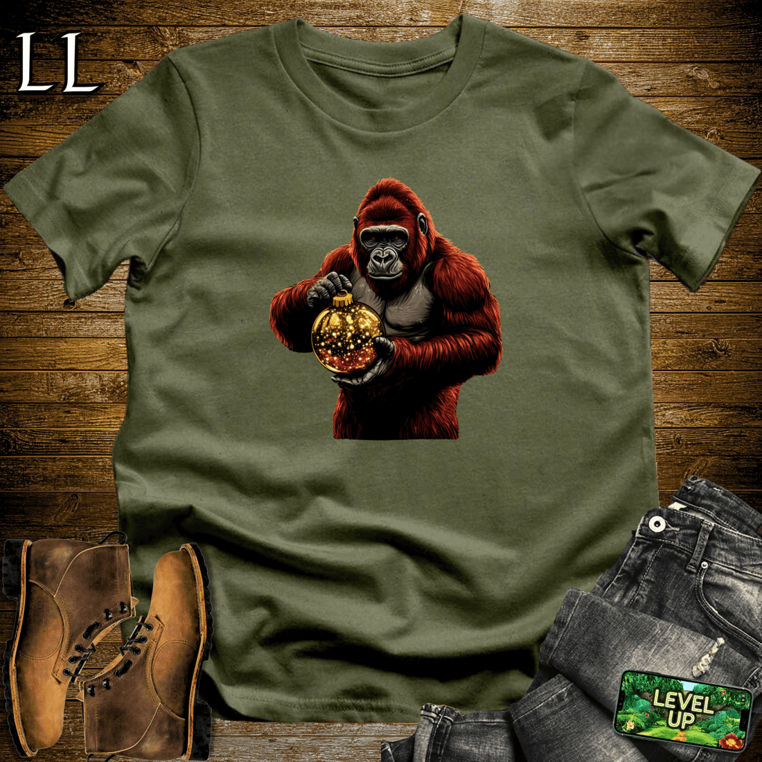 Gold Ornament Gorilla Softstyle Tee - Military Green - LegacyLayers