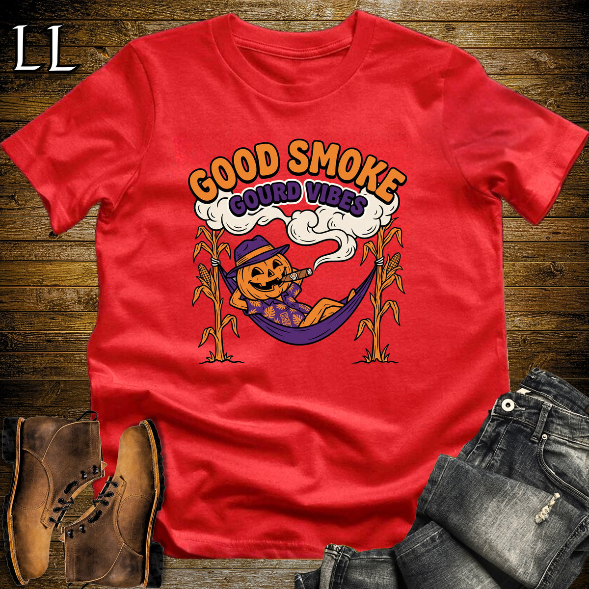 Gourd Vibes Pumpkin Head Hammock Cigar T-Shirt Red | Pumpkin Head Cigar Tee