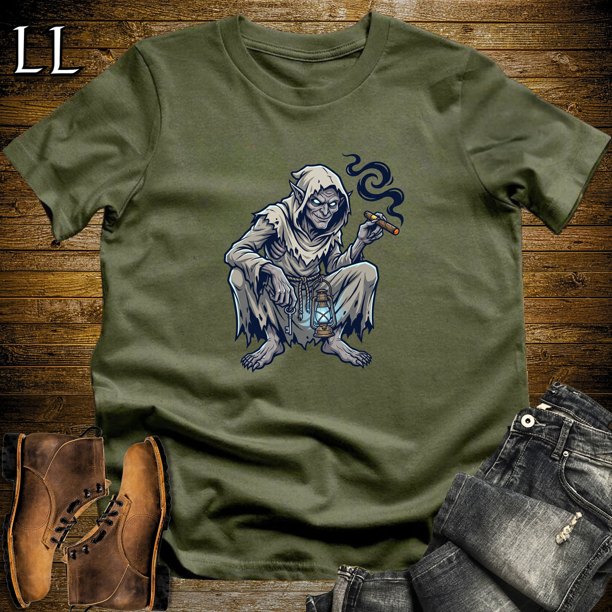 Graveyard Ghoul Cigar Break T-Shirt Military Green | Halloween Cigar Shirt