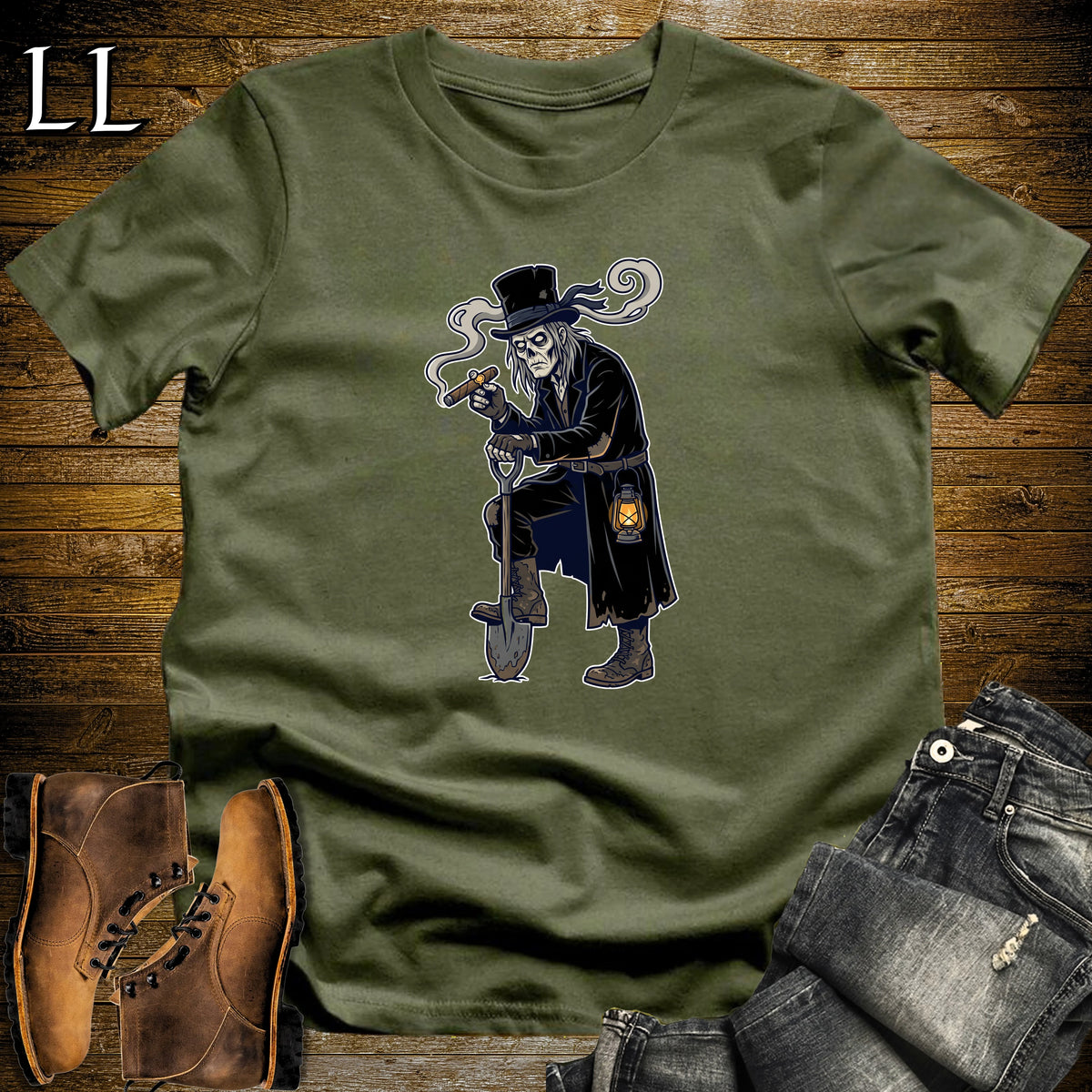 Graveyard Gravedigger Cigar T-Shirt Military Green | Halloween Cigar Shirt