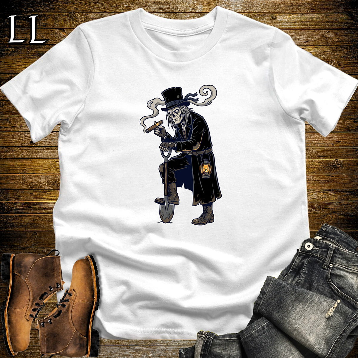 Graveyard Gravedigger Cigar T-Shirt White | Halloween Cigar Shirt