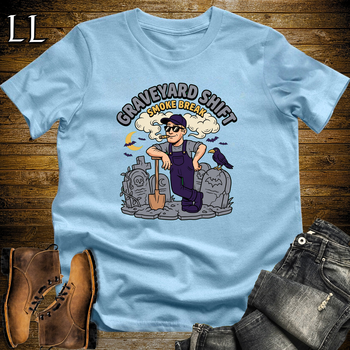 Graveyard Shift Gravedigger Shovel Cigar White Man T-Shirt Light Blue | Gravedigger Cigar Tee