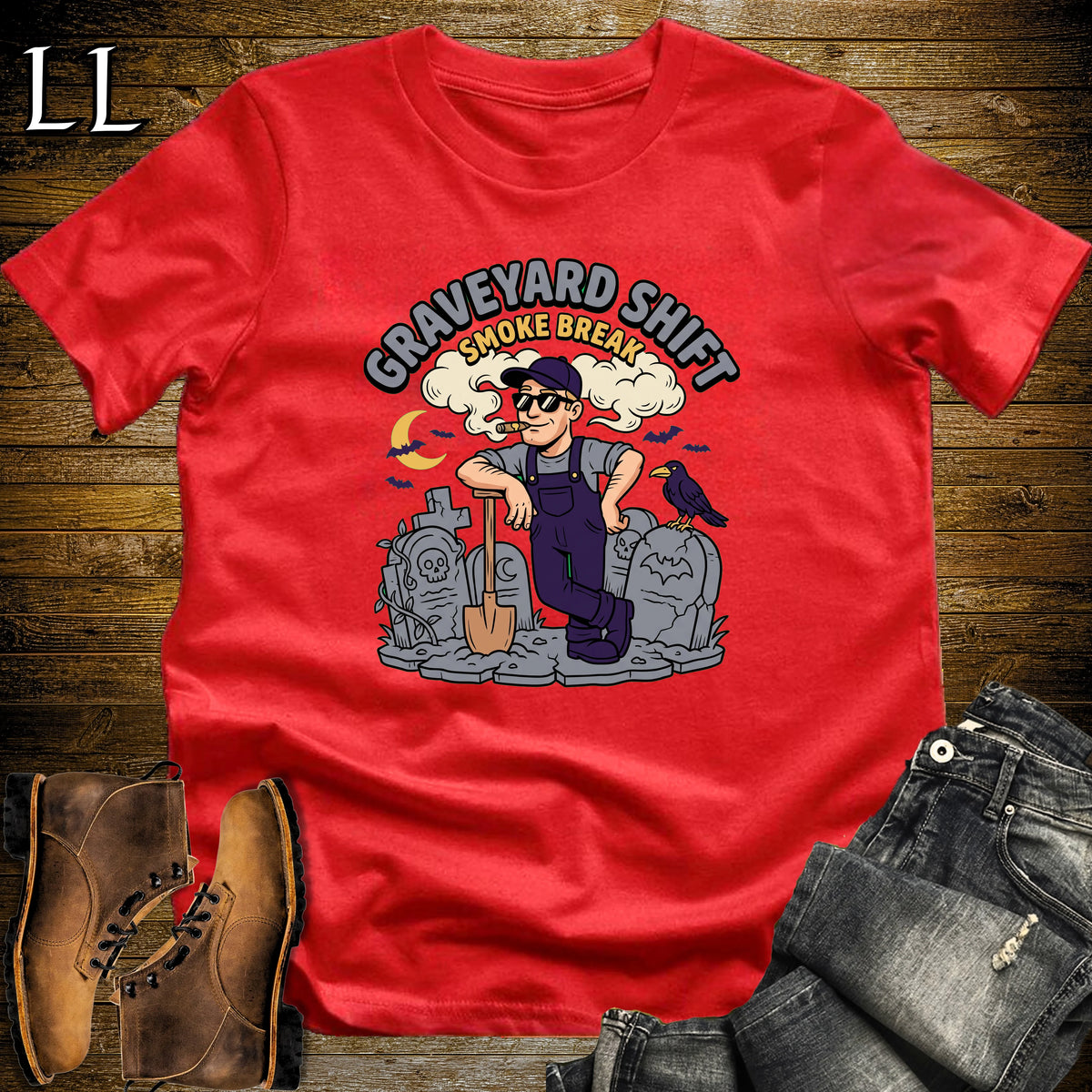 Graveyard Shift Gravedigger Shovel Cigar White Man T-Shirt Red | Gravedigger Cigar Tee