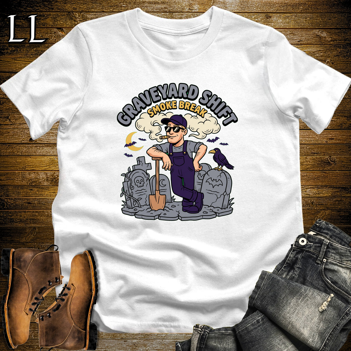 Graveyard Shift Gravedigger Shovel Cigar White Man T-Shirt White | Gravedigger Cigar Tee