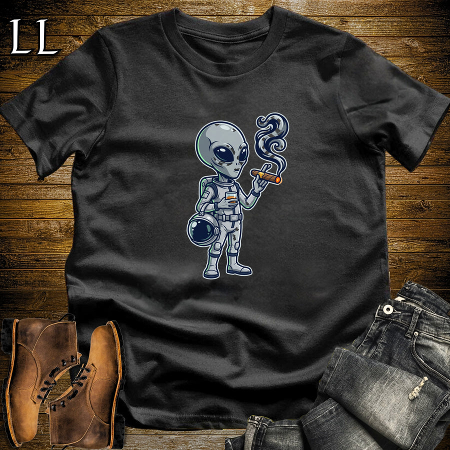Grey Alien Whiskey Cigar T-Shirt Black | Cigar and Whiskey Shirt
