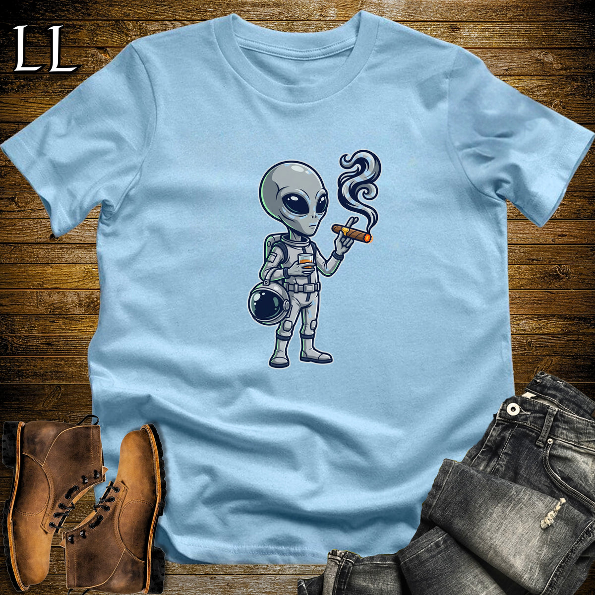 Grey Alien Whiskey Cigar T-Shirt Light Blue | Cigar and Whiskey Shirt